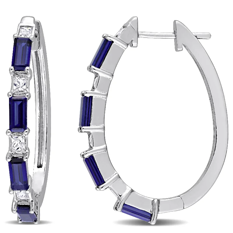 Miadora Baguette & Square-cut Created Blue & White Sapphire Oval Hoop Earrings in Sterling Silver