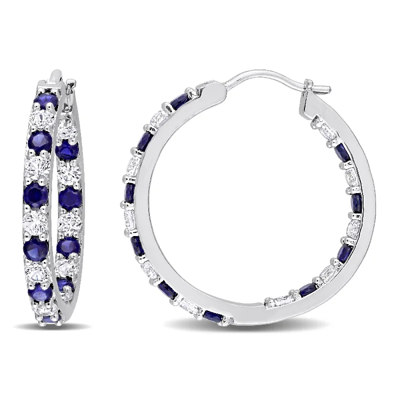 Miadora Created Blue and White Sapphire Inside Outside Hoop Earrings in Sterling Silver