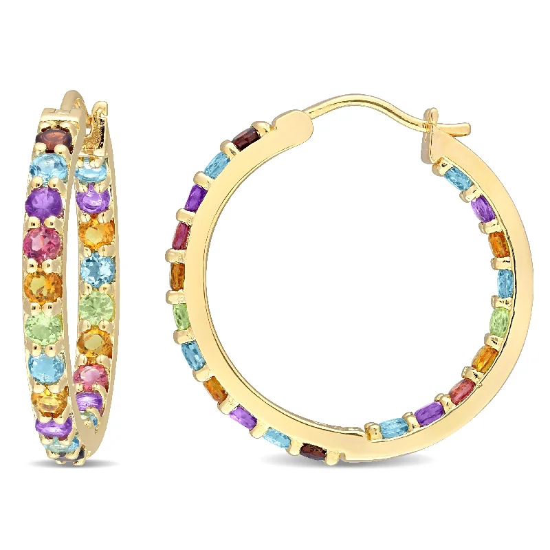 Miadora Multi-Color Gemstone Hoop Earrings in Yellow Plated Sterling Silver