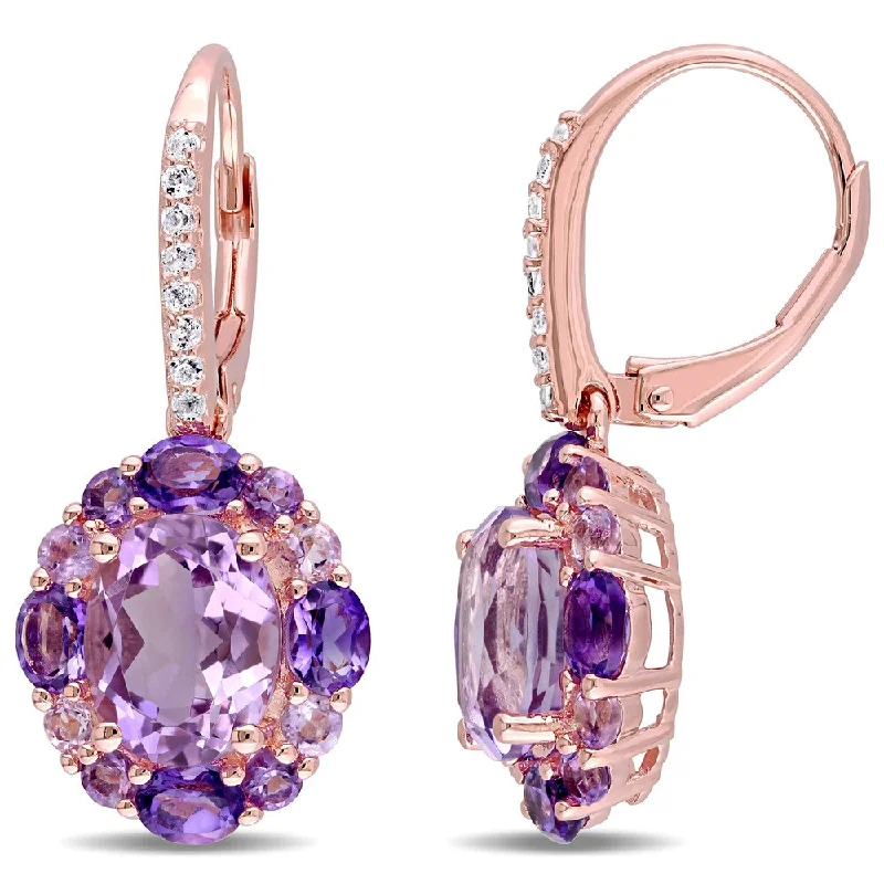 Miadora Rose Plated Silver Amethyst White Topaz and Rose de France Halo Earrings - Purple