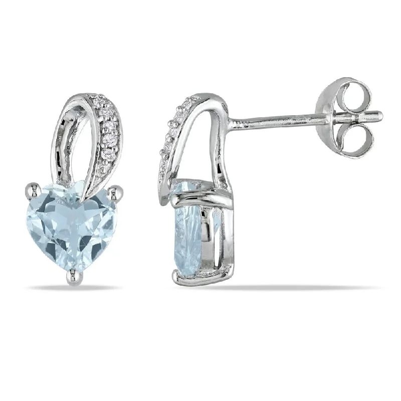 Miadora Sterling Silver Aquamarine and Diamond Heart Stud Earrings