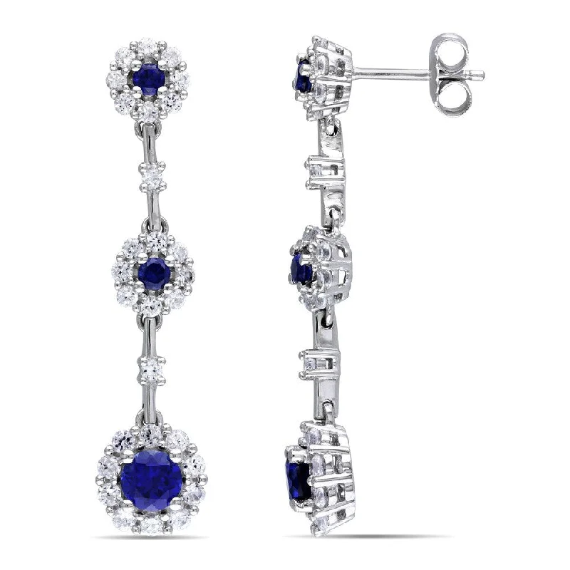 Miadora Sterling Silver Blue and White Sapphire Flower Birthstone Graduated Drop Earrings