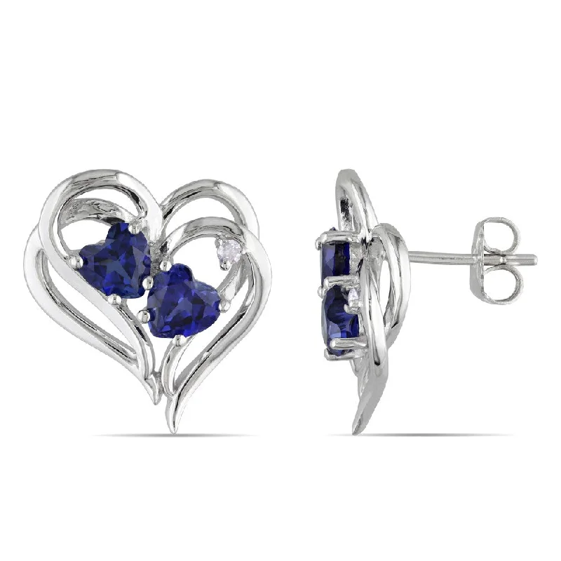 Miadora Sterling Silver Created Blue Sapphire and Diamond Heart Earrings (H-I, I2-I3)