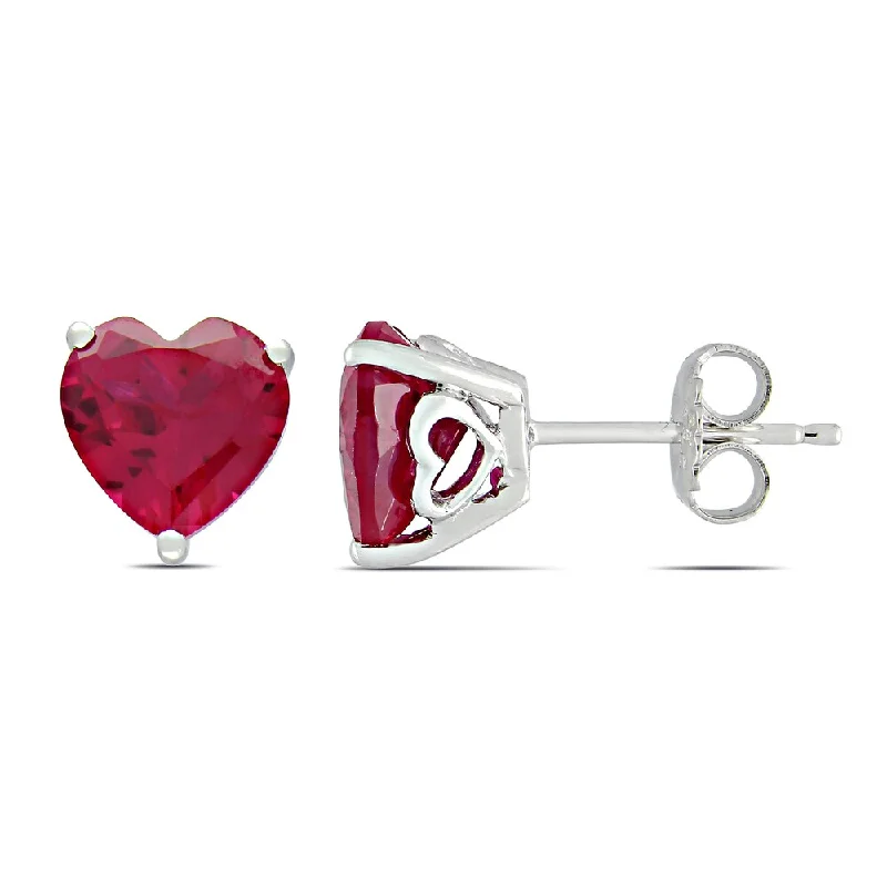 Miadora Sterling Silver Created Ruby Solitaire Heart Earrings