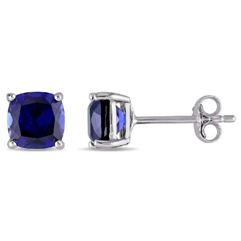 Miadora Sterling Silver Cushion Cut Created Blue Sapphire Birthstone Stud Earrings