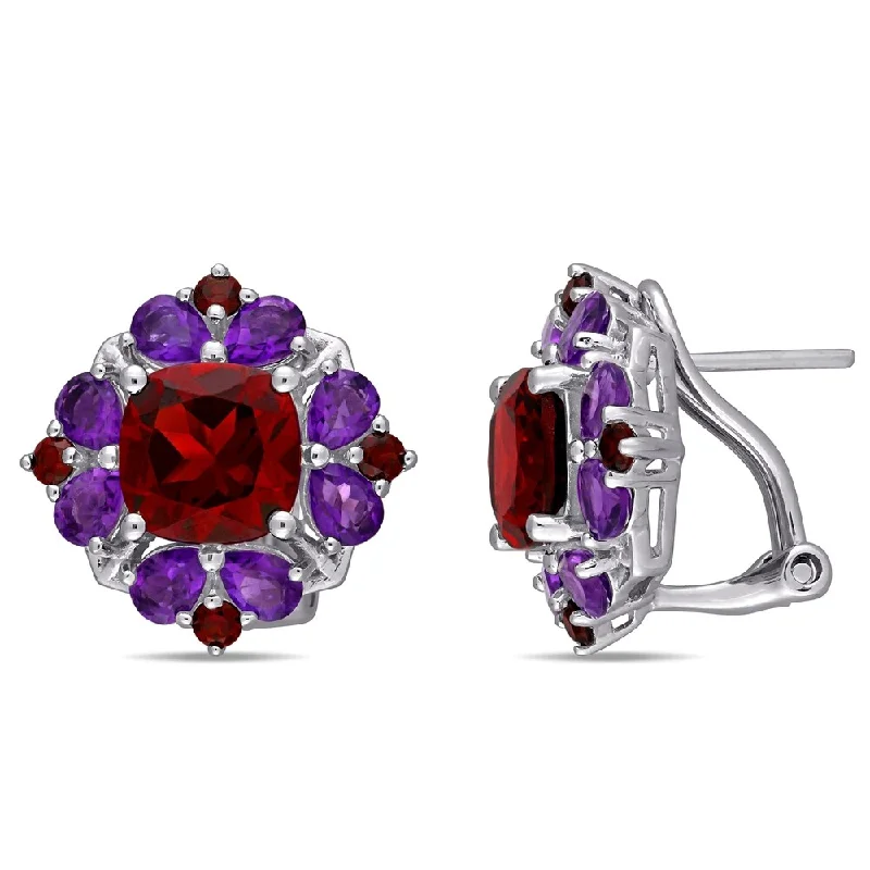 Miadora Sterling Silver Garnet and African-Amethyst Floral Cluster Earrings