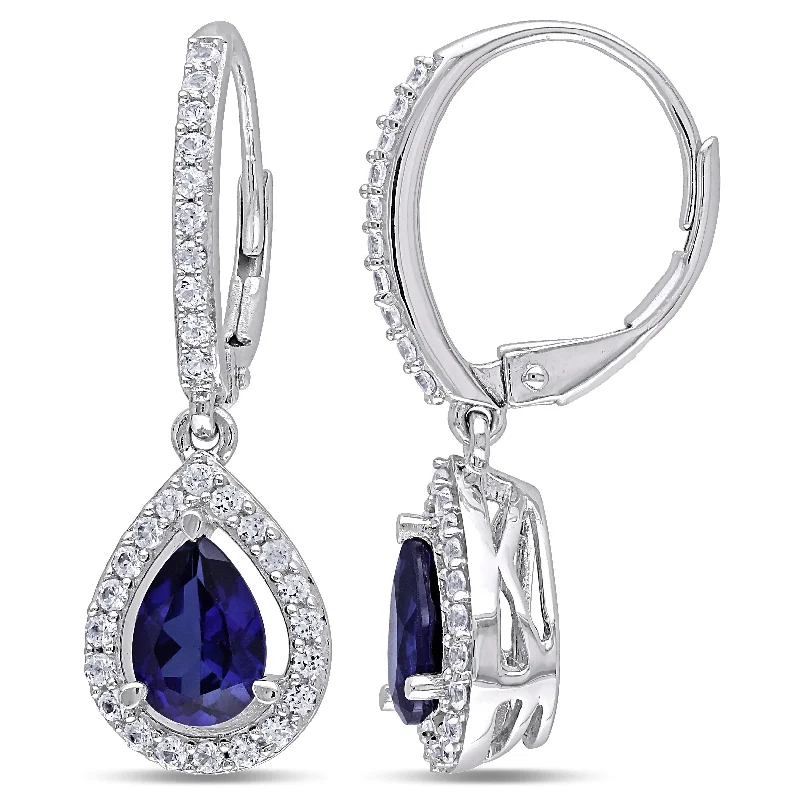 Miadora Sterling Silver Pear-cut Created Blue and White Sapphire Teardrop Halo Birthstone Leverback Earrings