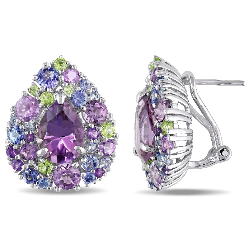 Miadora Sterling Silver Tanzanite Rose de France Peridot and Amethyst Halo Earrings