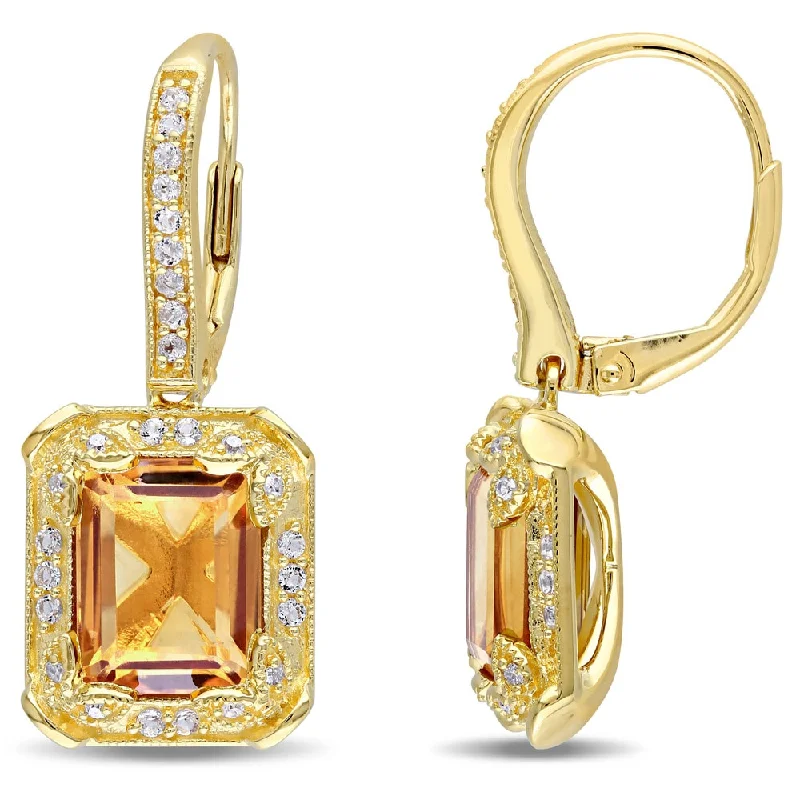 Miadora Yellow Silver Citrine and White Topaz and 1/10ct TDW Diamond Halo Dangle Earrings (H-I, I2-I3)