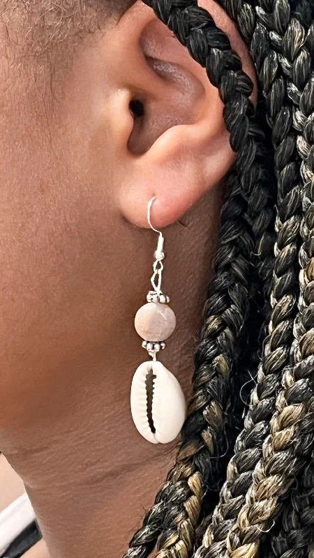 Moonstone and Cowrie Shell Sterling Silver Hook Earrings