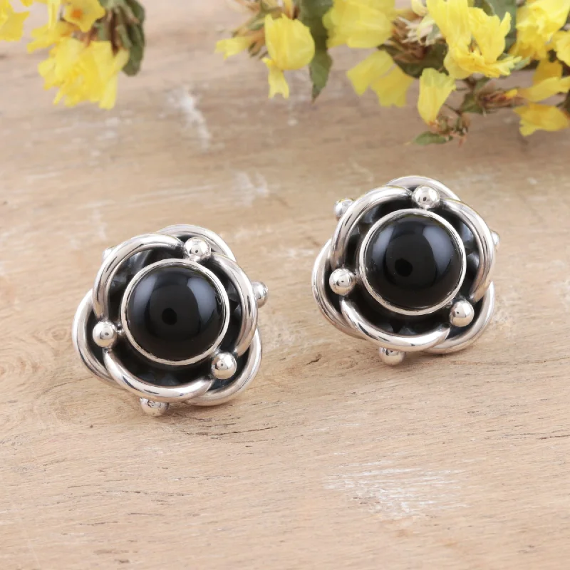 Novica Handmade Black Rose Onyx Button Earrings