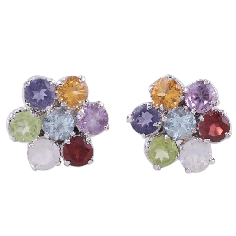 Novica Handmade Flowers Multi-Gemstone Button Earrings