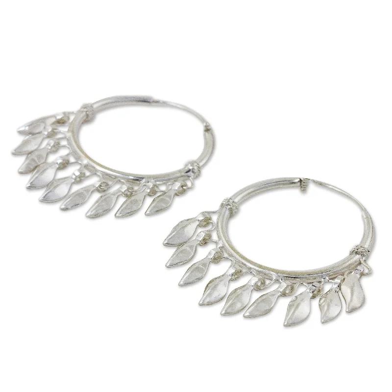 Novica Handmade Leaves In The Wind Sterling Silver Hoop Earrings