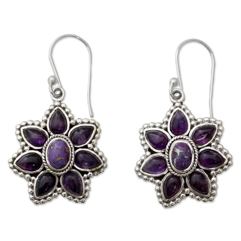 NOVICA Handmade Sterling Silver 'Ruffled Petals' Amethyst Turquoise Earrings - 1.6*0.8