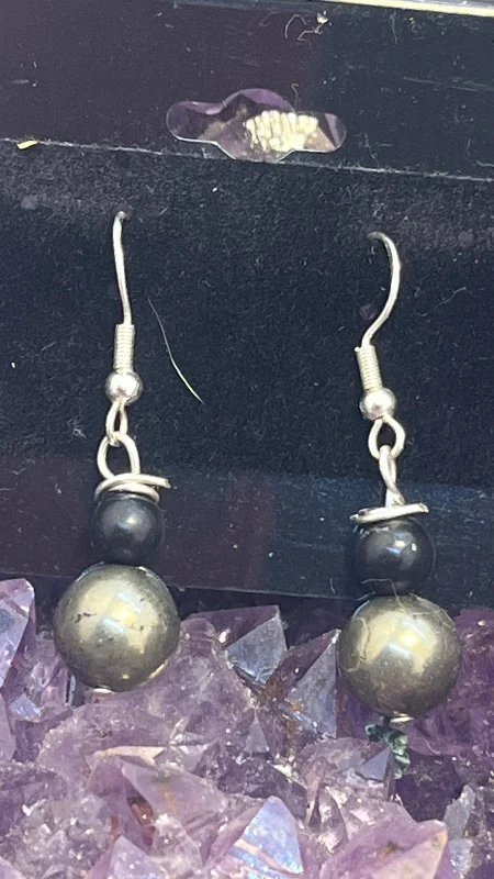 Pyrite and Shungite Sterling Silver Hooks  Earrings