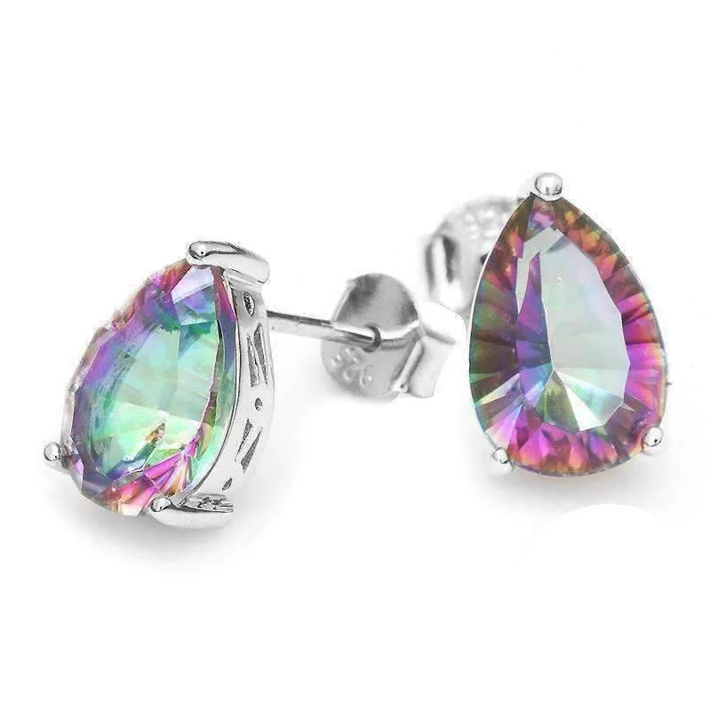 Rainbow Fire Genuine Mystic Topaz Pear Cut 3.8CT IOBI Precious Gems Stud Earrings