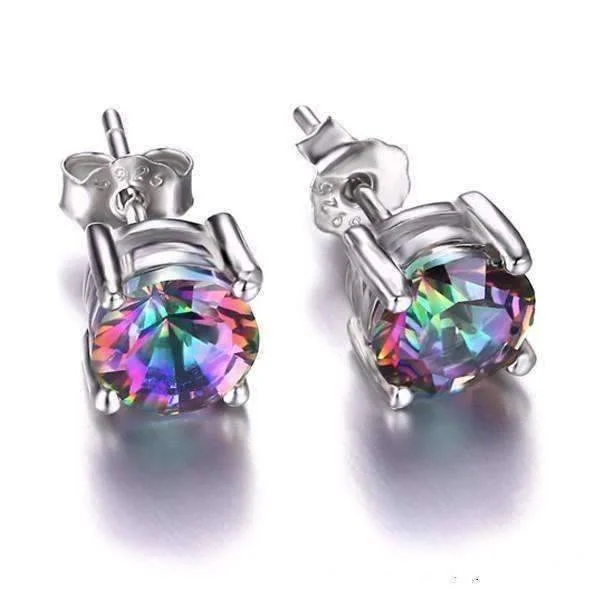 Rainbow Fire Genuine Mystic Topaz Round Cut 2CTW IOBI Precious Gems Stud Earrings