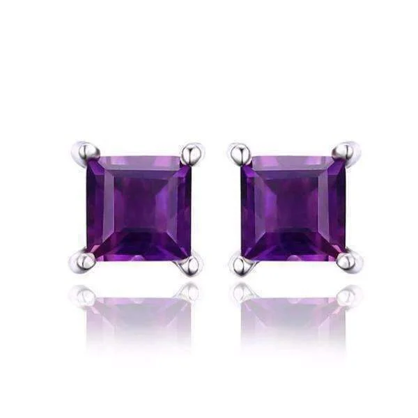 Royal Purple Princess Cut 0.5 CT Genuine Amethyst IOBI Precious Gems Stud Earrings