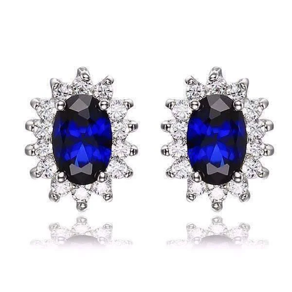 Swiss Blue Oval Cut 1CTW Simulated Sapphire IOBI Precious Gems Halo Sterling Silver Earrings for Women Special Occasion