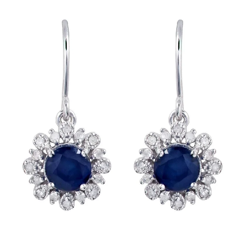 Viducci 10k White Gold Genuine Round Sapphire and Diamond Vintage Style Halo Earrings