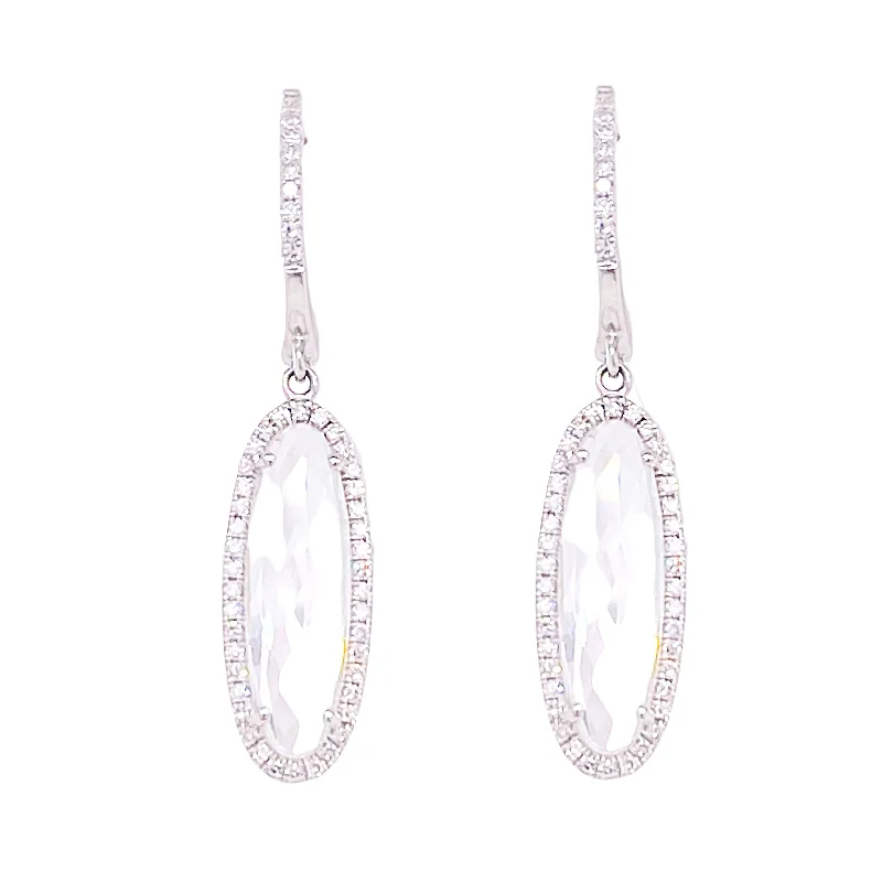 Oval White Topaz Diamond Halo Drop Earrings